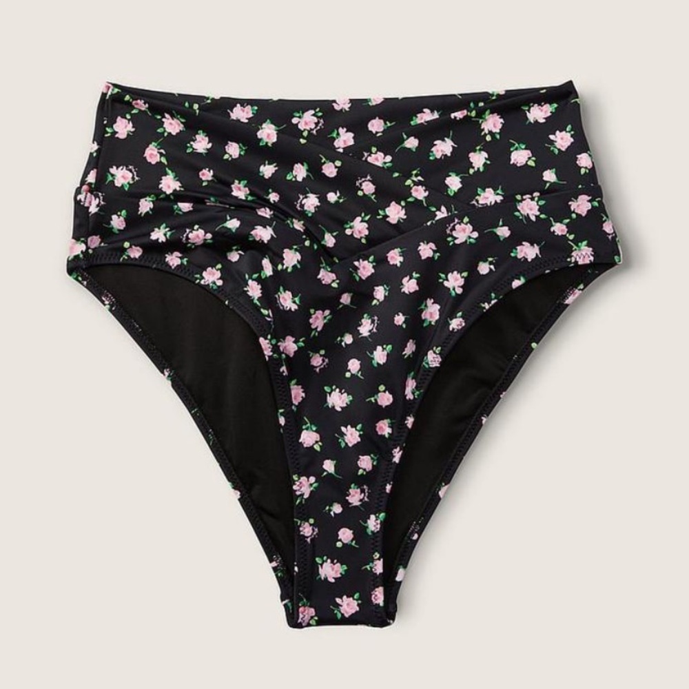 VS PINK V Crossover High-Waist Bikini Bottom Pure Black FLoral